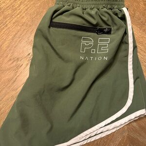 P.E Nation Olive Green piped Athletic Shorts white trim piping retro S